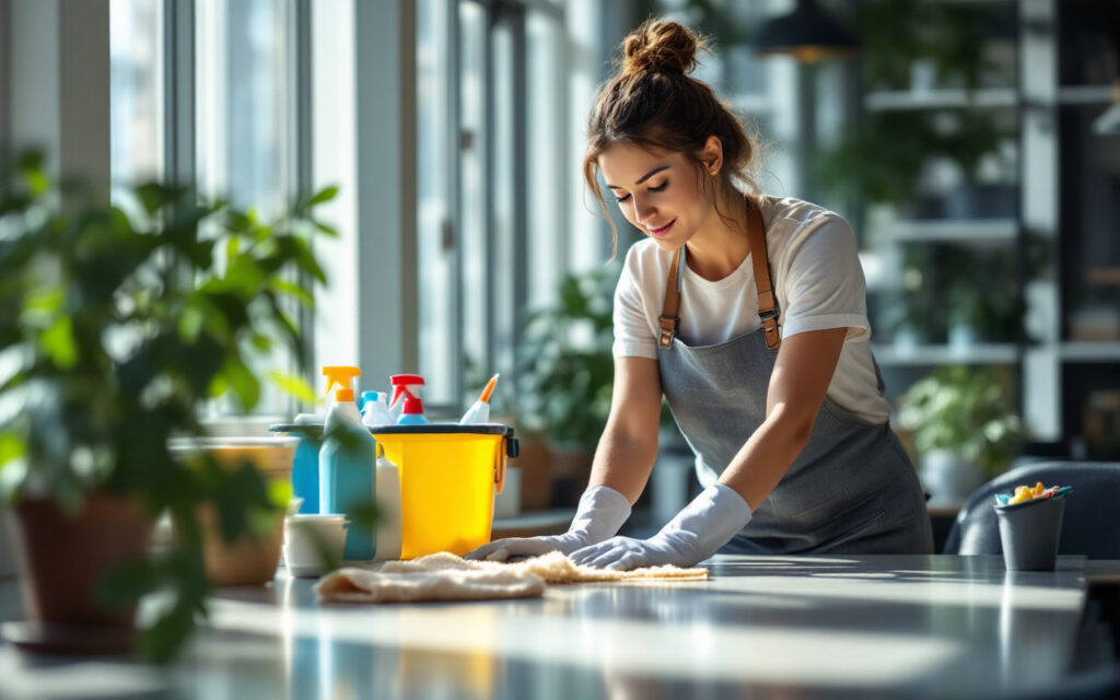 un-personnel-de-nettoyage-soccupant-dun-bureau-moderne-avec-des-produits-de-nettoyage-visibles-et-une-lumiere-naturelle-qui-entre-par-de-grandes-fenetres