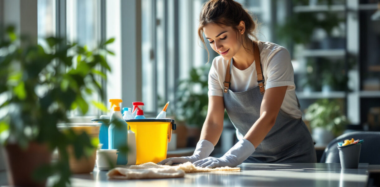un-personnel-de-nettoyage-soccupant-dun-bureau-moderne-avec-des-produits-de-nettoyage-visibles-et-une-lumiere-naturelle-qui-entre-par-de-grandes-fenetres