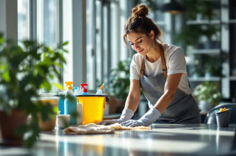 un-personnel-de-nettoyage-soccupant-dun-bureau-moderne-avec-des-produits-de-nettoyage-visibles-et-une-lumiere-naturelle-qui-entre-par-de-grandes-fenetres