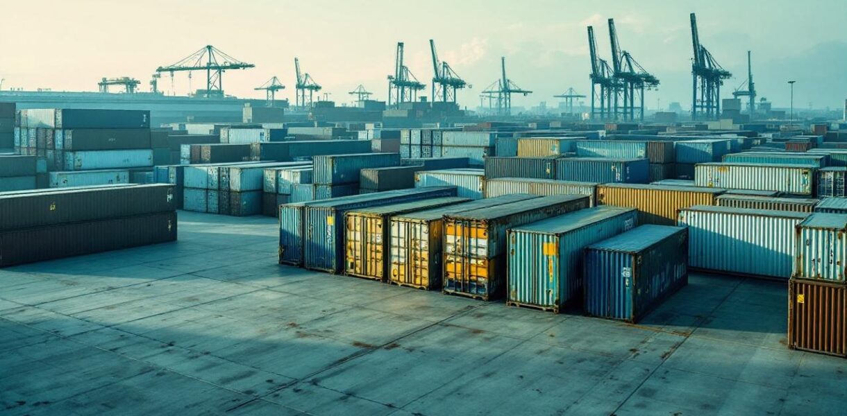 vue-dun-entrepot-industriel-avec-des-conteneurs-empiles-en-rangees-sur-une-cour-en-beton-peinture-ecaillee-et-traces-de-rouille-sur-certains-conteneurs-lumiere-douce-de-fin-dapres-midi-et-amb