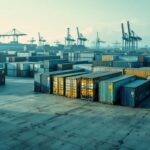 vue-dun-entrepot-industriel-avec-des-conteneurs-empiles-en-rangees-sur-une-cour-en-beton-peinture-ecaillee-et-traces-de-rouille-sur-certains-conteneurs-lumiere-douce-de-fin-dapres-midi-et-amb