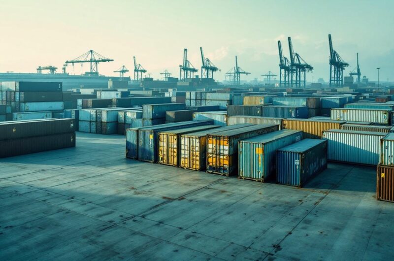 vue-dun-entrepot-industriel-avec-des-conteneurs-empiles-en-rangees-sur-une-cour-en-beton-peinture-ecaillee-et-traces-de-rouille-sur-certains-conteneurs-lumiere-douce-de-fin-dapres-midi-et-amb