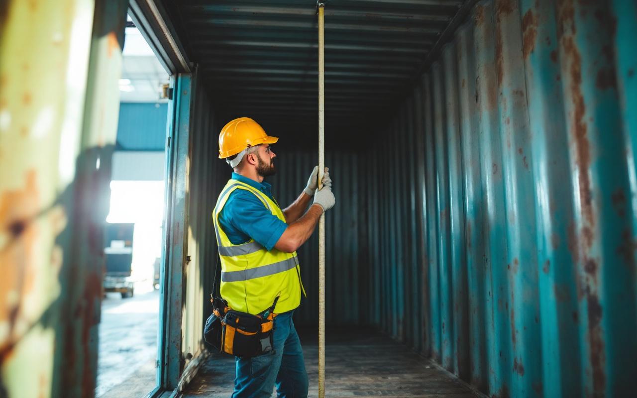 Ouvrier mesurant l interieur d un conteneur metallique avec un metre ruban, portant un casque et un gilet de securite, portes ouvertes laissant entrer une lumiere douce, parois canelees et traces d usure visibles.
