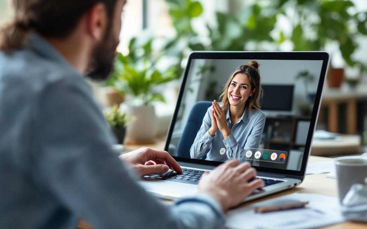 Un comptable en ligne conseille un freelance lors d'un appel vidéo, écran d'ordinateur montrant deux visages concentrés, bureau à domicile avec plantes et documents, lumière naturelle chaude et atmosphère professionnelle.