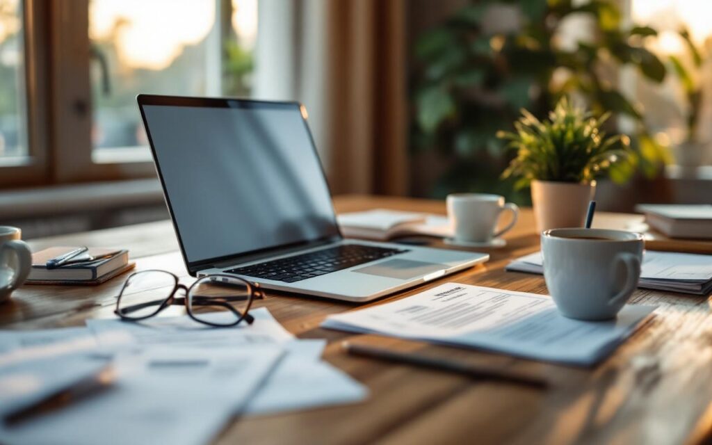 Travailleur web freelance organise ses factures sur un ordinateur portable posé sur un bureau en bois, entouré de papiers, d'une tasse de café et d'une plante, baigné d'une lumière douce de coucher de soleil.