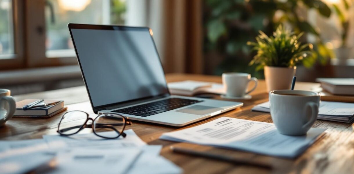 Travailleur web freelance organise ses factures sur un ordinateur portable posé sur un bureau en bois, entouré de papiers, d'une tasse de café et d'une plante, baigné d'une lumière douce de coucher de soleil.