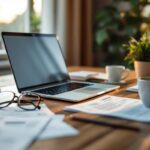 Travailleur web freelance organise ses factures sur un ordinateur portable posé sur un bureau en bois, entouré de papiers, d'une tasse de café et d'une plante, baigné d'une lumière douce de coucher de soleil.
