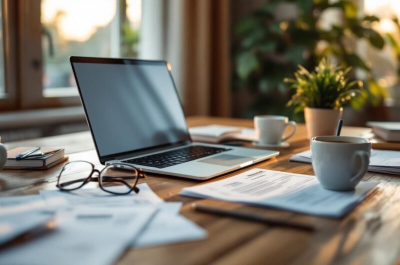 Travailleur web freelance organise ses factures sur un ordinateur portable posé sur un bureau en bois, entouré de papiers, d'une tasse de café et d'une plante, baigné d'une lumière douce de coucher de soleil.