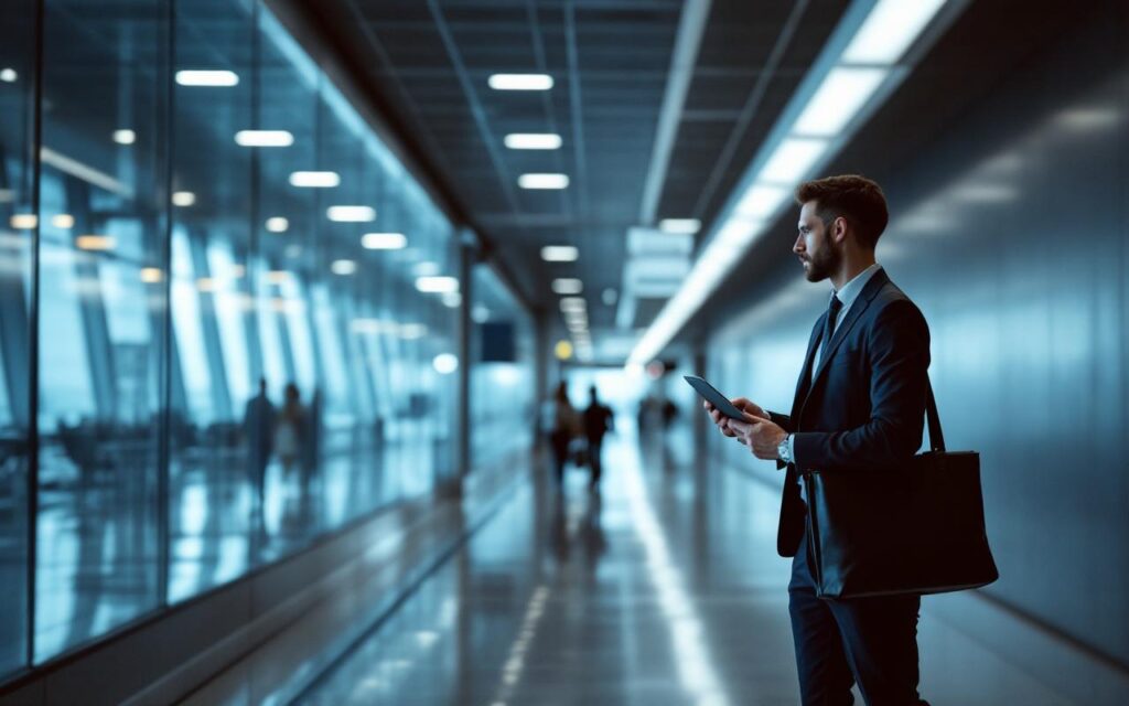 Un homme en tenue professionnelle circule dans le hall d’un aéroport, tenant un ordinateur portable et un badge d’accès, avec une ambiance sobre et calme.