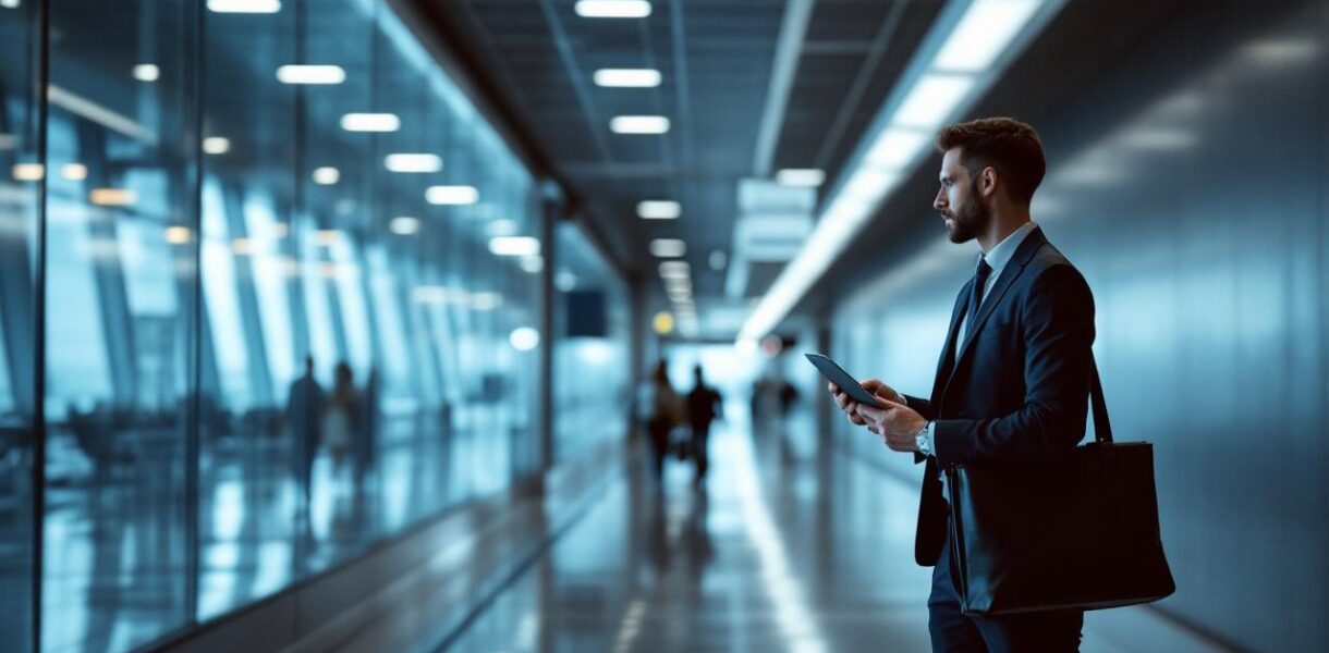 Un homme en tenue professionnelle circule dans le hall d’un aéroport, tenant un ordinateur portable et un badge d’accès, avec une ambiance sobre et calme.