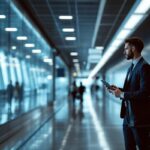 Un homme en tenue professionnelle circule dans le hall d’un aéroport, tenant un ordinateur portable et un badge d’accès, avec une ambiance sobre et calme.