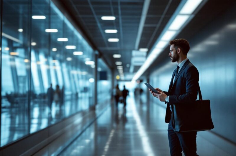 Un homme en tenue professionnelle circule dans le hall d’un aéroport, tenant un ordinateur portable et un badge d’accès, avec une ambiance sobre et calme.