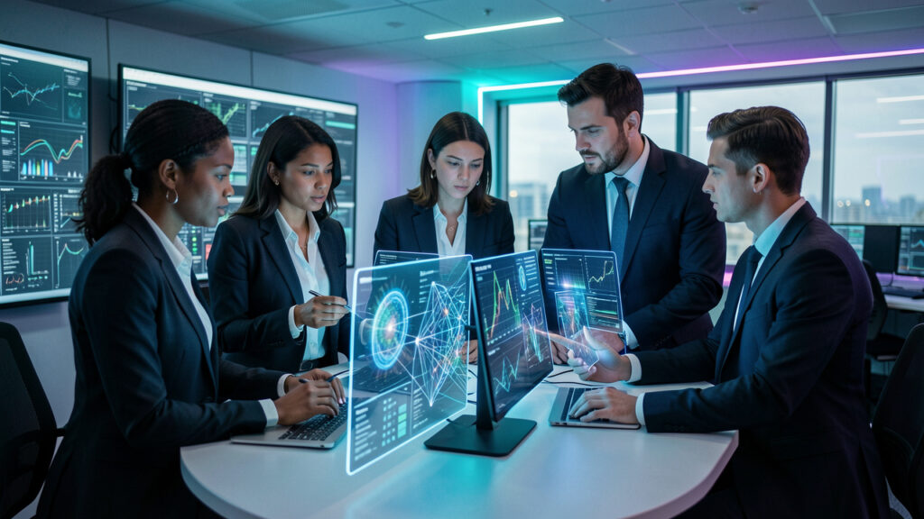Équipe d’entreprise composée de femmes et d’hommes réunie autour de tableaux de bord numériques abstraits dans un centre de cybersécurité moderne.