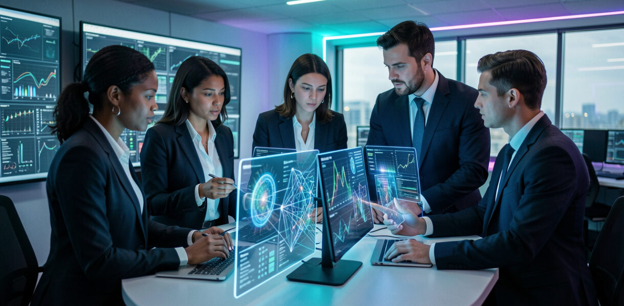 Équipe d’entreprise composée de femmes et d’hommes réunie autour de tableaux de bord numériques abstraits dans un centre de cybersécurité moderne.