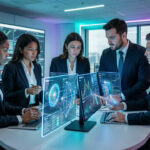 Équipe d’entreprise composée de femmes et d’hommes réunie autour de tableaux de bord numériques abstraits dans un centre de cybersécurité moderne.