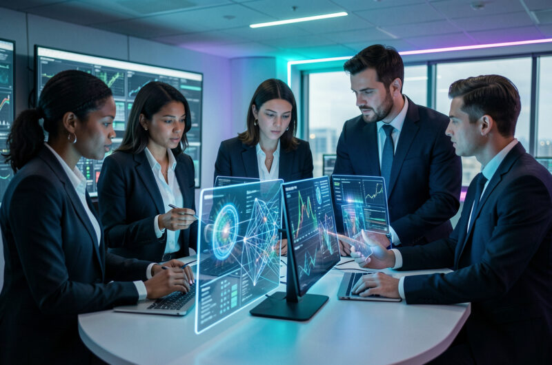 Équipe d’entreprise composée de femmes et d’hommes réunie autour de tableaux de bord numériques abstraits dans un centre de cybersécurité moderne.