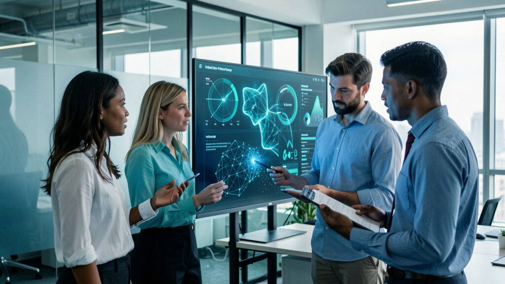 Équipe mixte de PME analysant ensemble un tableau de bord visuel de cybersécurité dans un bureau moderne et lumineux.
