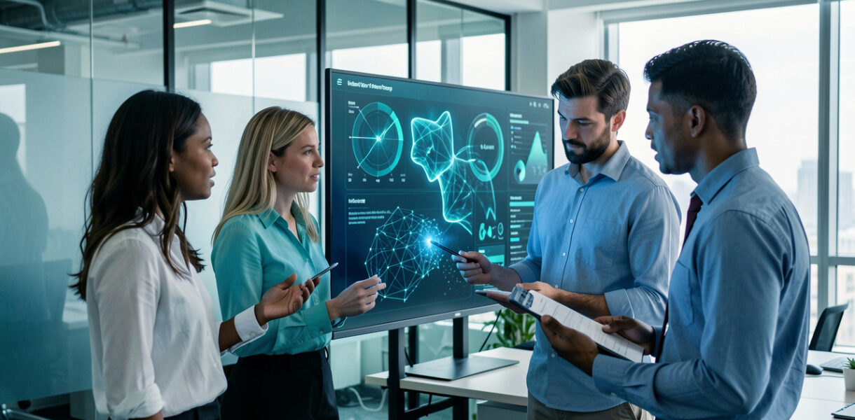 Équipe mixte de PME analysant ensemble un tableau de bord visuel de cybersécurité dans un bureau moderne et lumineux.