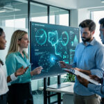 Équipe mixte de PME analysant ensemble un tableau de bord visuel de cybersécurité dans un bureau moderne et lumineux.