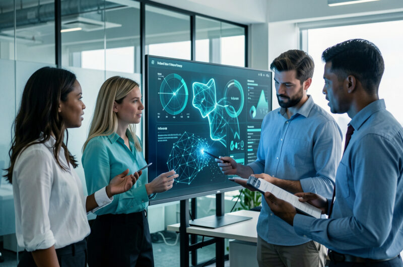 Équipe mixte de PME analysant ensemble un tableau de bord visuel de cybersécurité dans un bureau moderne et lumineux.