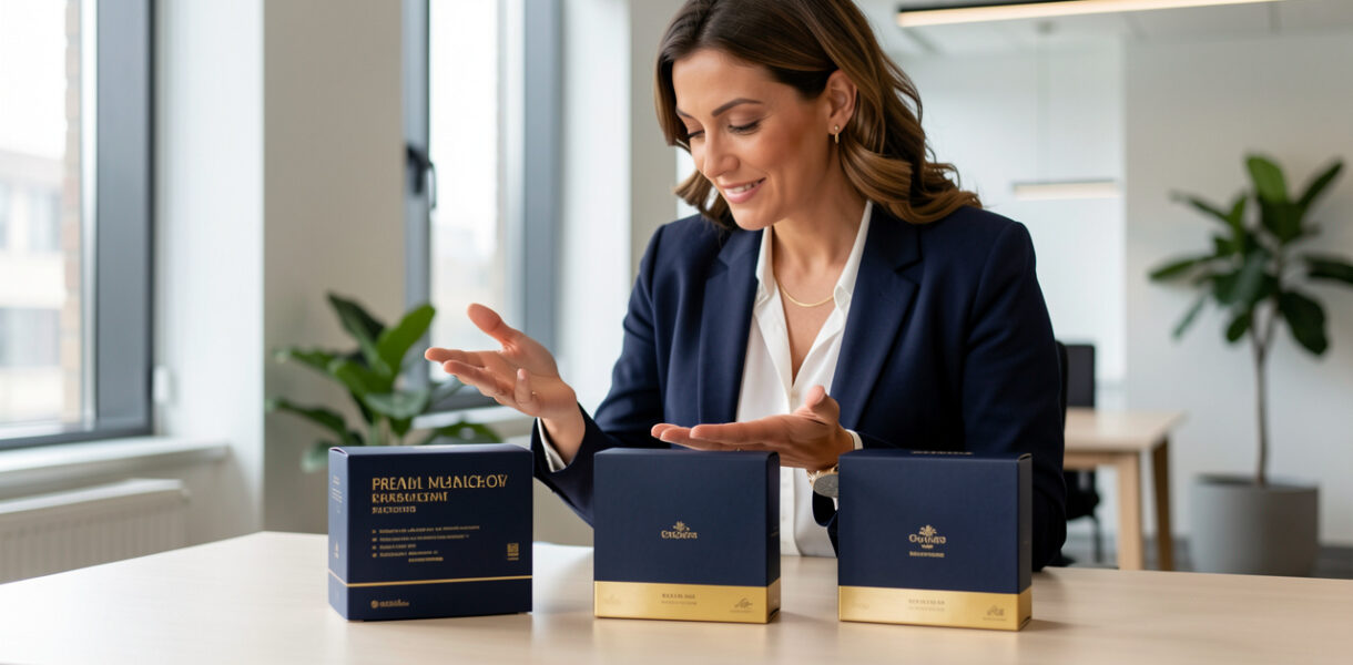 Une consultante organise plusieurs offres professionnelles haut de gamme dans un bureau moderne, illustrant la clarté de l’offre et la valorisation du prix.