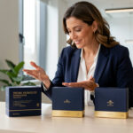 Une consultante organise plusieurs offres professionnelles haut de gamme dans un bureau moderne, illustrant la clarté de l’offre et la valorisation du prix.