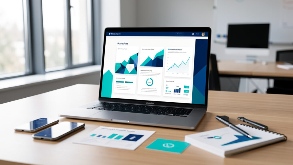 Ordinateur portable affichant une interface abstraite d’application métier, accompagné d’un smartphone et d’éléments de planification dans un espace de travail professionnel.
