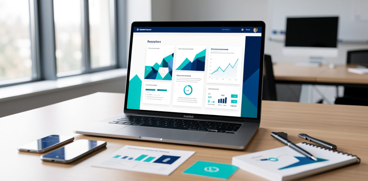 Ordinateur portable affichant une interface abstraite d’application métier, accompagné d’un smartphone et d’éléments de planification dans un espace de travail professionnel.