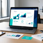 Ordinateur portable affichant une interface abstraite d’application métier, accompagné d’un smartphone et d’éléments de planification dans un espace de travail professionnel.