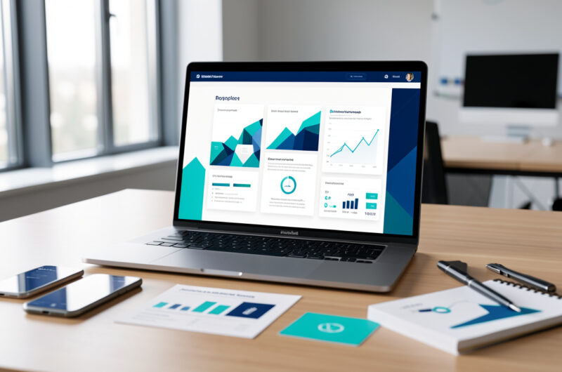 Ordinateur portable affichant une interface abstraite d’application métier, accompagné d’un smartphone et d’éléments de planification dans un espace de travail professionnel.