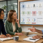 Équipe RH composée de deux femmes et d’un homme réunie devant un tableau de bord visuel de suivi du recrutement dans un bureau professionnel.