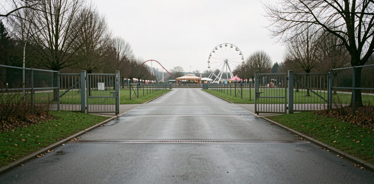 Vue réaliste de l’entrée calme d’un parc de loisirs fermé en Moselle, avec des manèges visibles à l’arrière-plan sous un ciel couvert.