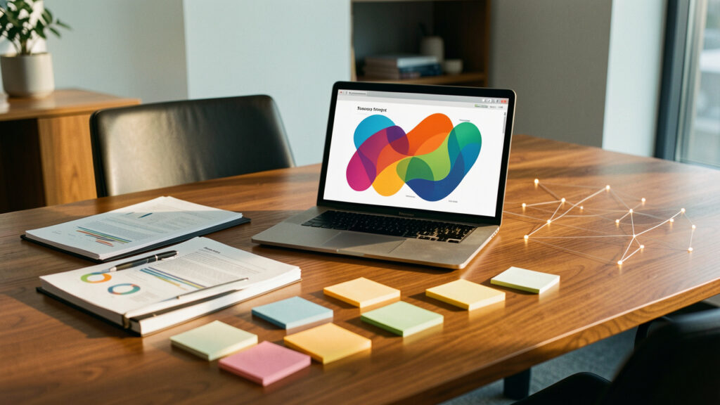 Bureau moderne de cabinet de conseil avec ordinateur, supports de stratégie et visualisation abstraite d’un réseau de prospects B2B.