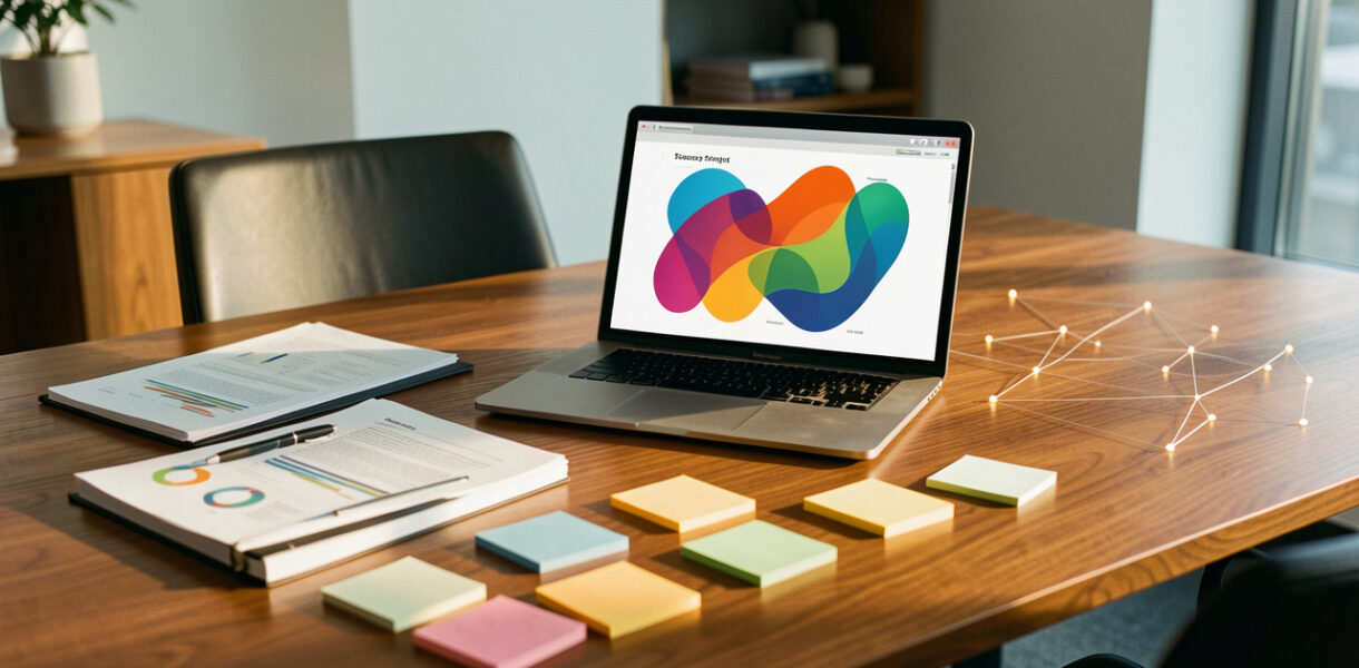 Bureau moderne de cabinet de conseil avec ordinateur, supports de stratégie et visualisation abstraite d’un réseau de prospects B2B.