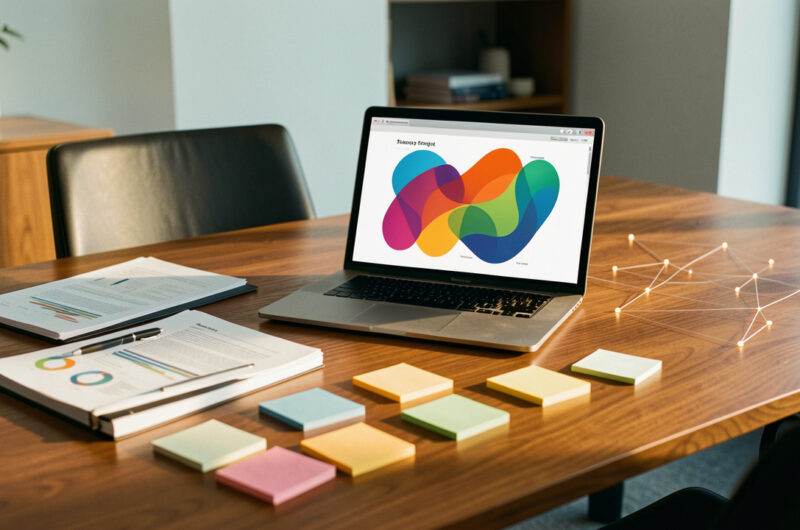 Bureau moderne de cabinet de conseil avec ordinateur, supports de stratégie et visualisation abstraite d’un réseau de prospects B2B.