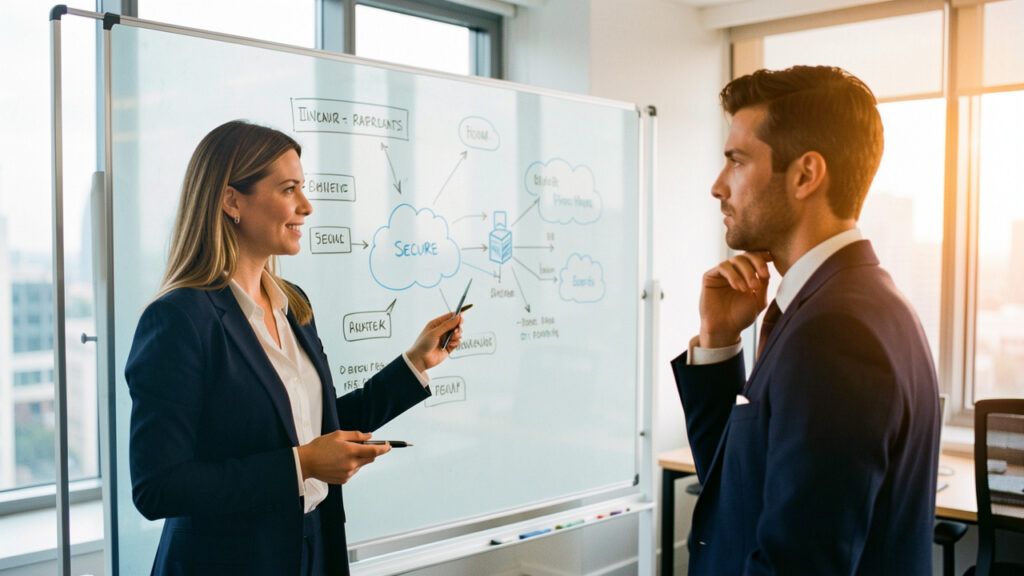 Une consultante en informatique présente une architecture cloud sécurisée à un dirigeant, dans un échange professionnel axé sur la confiance et la valeur à long terme.