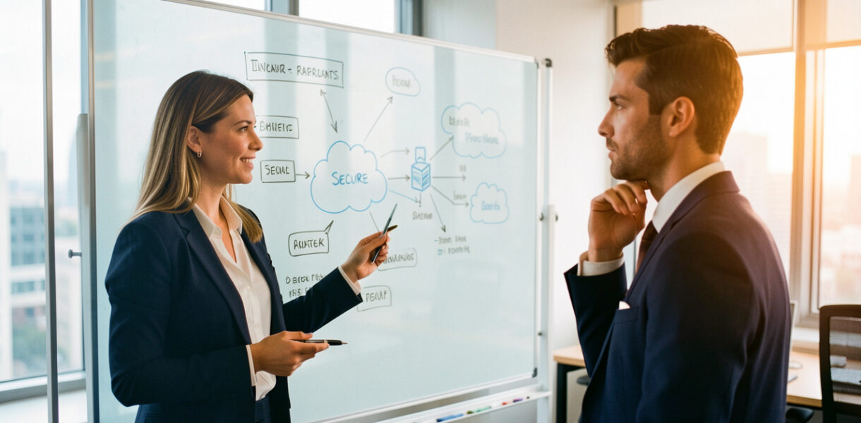 Une consultante en informatique présente une architecture cloud sécurisée à un dirigeant, dans un échange professionnel axé sur la confiance et la valeur à long terme.