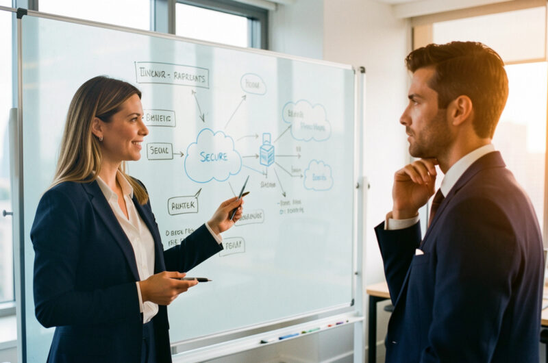 Une consultante en informatique présente une architecture cloud sécurisée à un dirigeant, dans un échange professionnel axé sur la confiance et la valeur à long terme.